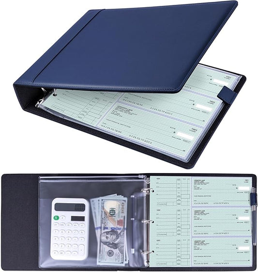 Antner 3 Ring Personal Check Binder for 3-on-a-Page End-Stub Deskbook & Personal 3 Holes or 9 Holes Small Size Checks, PU Leather Check Holder Checkbook Binder Cover with Zipper Pouch, Navy Blue
