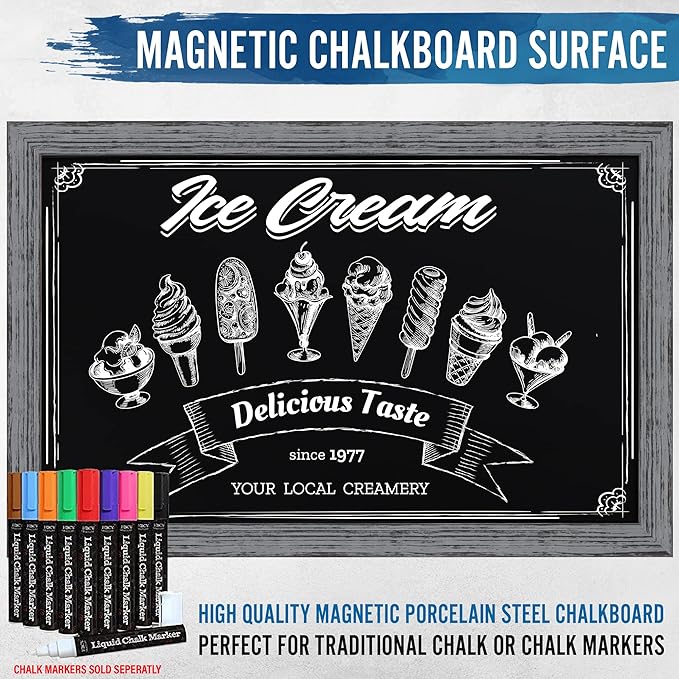 HBCY Creations Rustic Grey Wooden Magnetic Wall Chalkboard, Extra Large Size 24" x 36", Framed Decorative Chalkboard - Great for Kitchen Decor, Weddings, Restaurant Menus and More! (24" x 36")