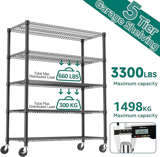 M MZG 5 Tiers Shelf 3300 lbs Steel Storage Shelving Utility Shelving Unit Steel Organizer Wire Rack for Home,Kitchen,Office,Garage Black 23.6" D x 53.1" W x 73.6" H