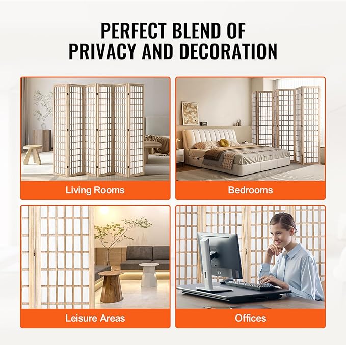 VEVOR Room Divider, 6 Panel Japanese Room Divider, Wood Folding Privacy Screen Indoor, Partition Dividers Portable Decoration Screens, for Room Separation Home Office Restaurant & Bedroom(Natural)