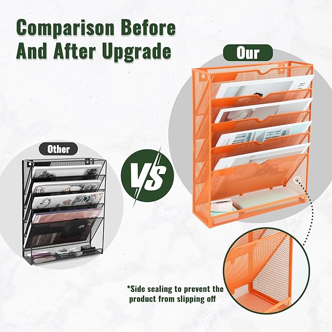 EASEPRES 6 Tier Mesh Hanging Wall File Organizer, Desk Vertical Mail Paper Document Folder Holder Rack with Bottom Tray and Nametag Label for Office Home School, Orange