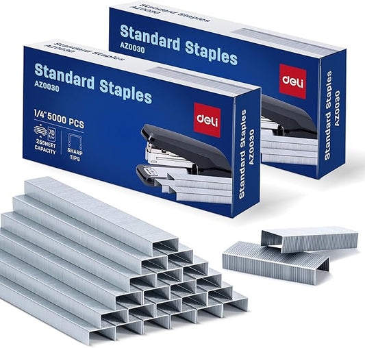 Deli Staples, 10000 Staples, Standard Staple for Desktop Staplers, 1/4'' Length, 210/Strip, 2 Boxes of 5000 Each