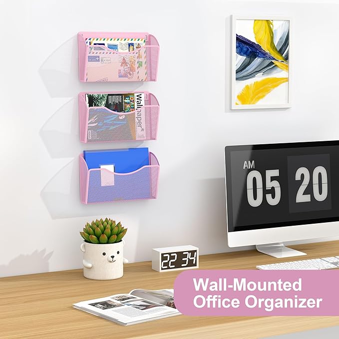 EasyPAG Single Pocket Wall File Organizer, Mesh Hanging File Folder Organizer for Letter/A4 Size Folders, Wall Mounted Vertical Mail Holder for Paperwork, Office, Home, School, Pink