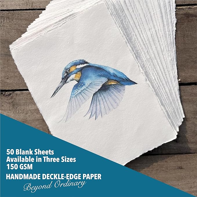 Wanderings Handmade A5 Cream Mixed Media Paper with Deckle Edge - 5.8x8.3-150 GSM - Cold Press Textured Paper Made with Recycled Cotton for Invitations, Crafts, Writers, Watercolor - 50 Sheets