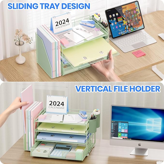 OPNICE Desk Organizer, 4-Tier Desktop File Organizer with Drawer and 2 Pen Holders, Office Desk Accessories, File Sorters, Workspace Organizers for Office Supplies(Green)