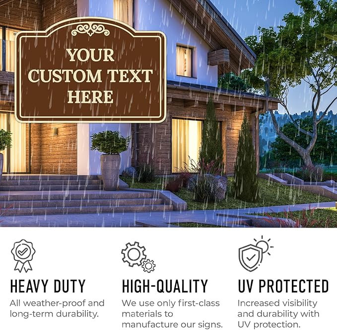Custom Decorative Sign, Personalized Metal Sign for Business, Driveway, Home, Airbnb, Office Door Plaque, Brown Background Sign, 7x10 Inches, ACM, Fade Resistant, Made in USA by Sigo Signs