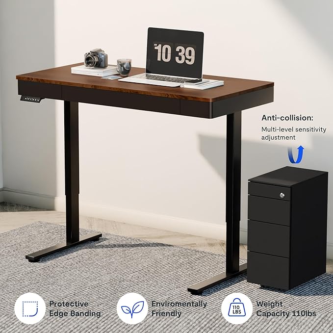 FLEXISPOT Q5 Standing Desk with Drawer, 48 x 24 Inch Electric Adjustable Height Stand Up Desk with Storage Organizer, Whole Piece Wooden Desktop for Home, Office, Computer Workstation, Dark Walnut