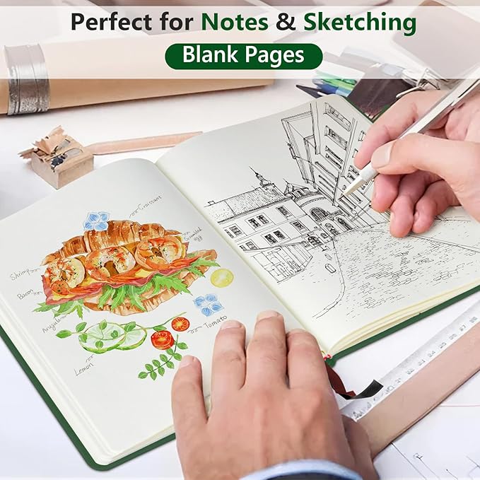 PERCUN Blank Journal Ntebook for Men & Women, 160 Pages Blank Journals for Writing, Drawing,Sketch Book,5.9" x 8.5" Leather Sketchbook, Unlined Notebook for Work, School, Art (Green)