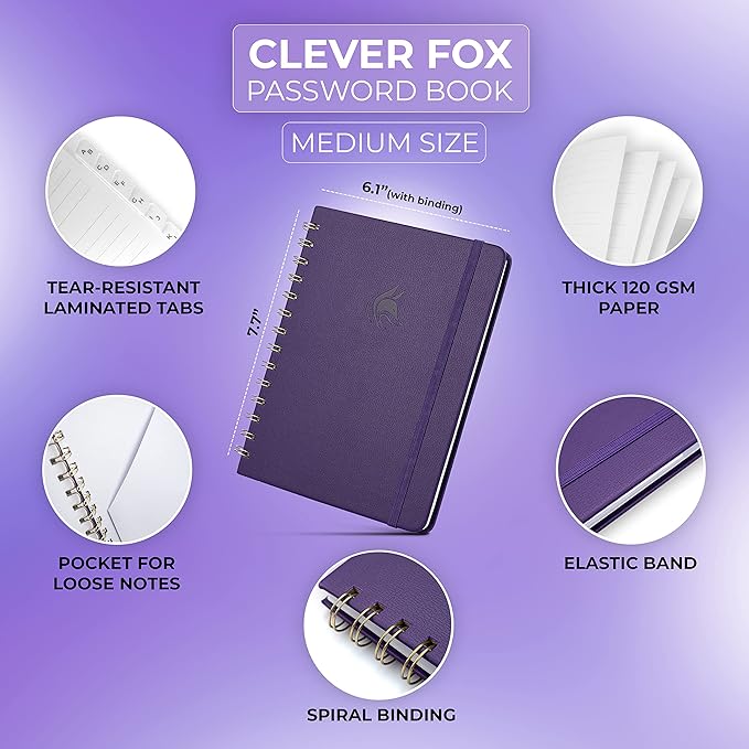 Clever Fox Password Book Spiral – Internet Address & Password Organizer with Laminated Alphabetical Tabs – Password Keeper Journal – Hardcover, Medium Size, 6.1x7.7” (Purple)