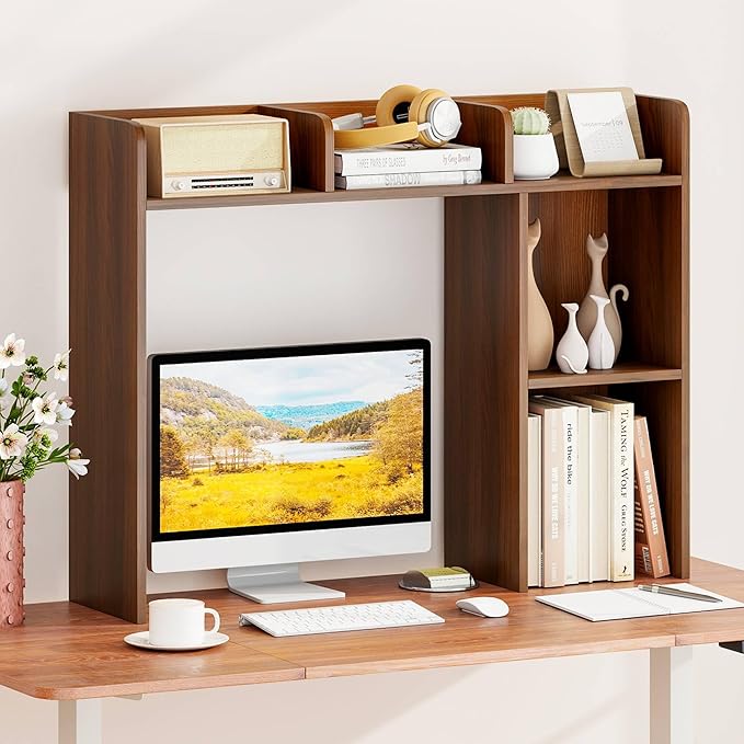 Tangkula Desktop Bookshelf, Countertop Storage Hutch with Shelves for Computer Desk, Desk 3-Tier Display Rack, Multipurpose Wood Desktop Hutch Storage Organizer for Dorm Office (Walnut,5 Shelves)