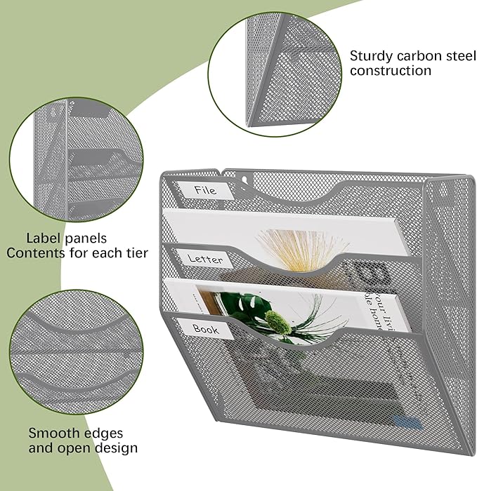 EasyPAG 3 Pocket Mesh Wall File Organizer, Hanging Paper Folder Holder with Classify Label, Vertical Wall Mount Mail Organizer for Office Home Classroom, Silver