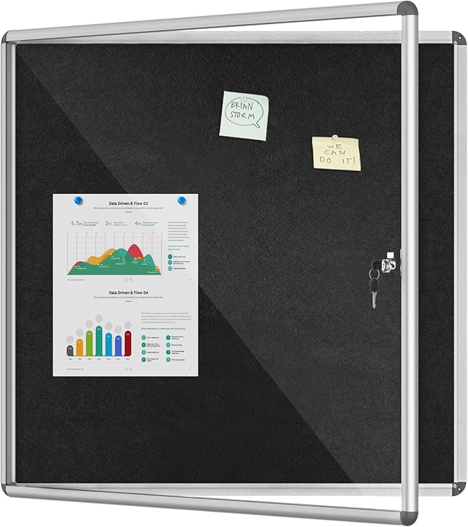 Mifuro 38"x38" Enclosed Bulletin Board, Lockable Weather-Resistant Aluminum Cork Noticeboard for School & Office, Silver Frame w/Black Flet