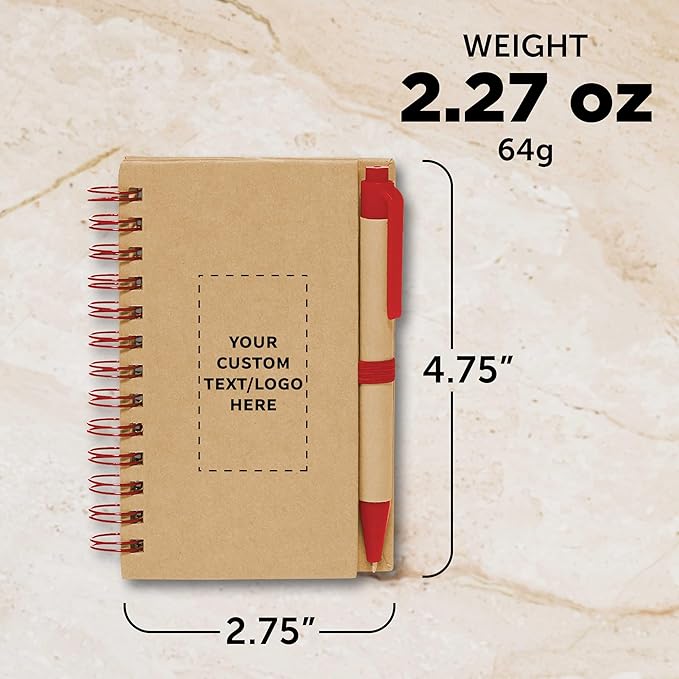 Custom Mini Spiral Notebooks with Black Ink Pens Set of 10/50/100, Personalized Bulk Pack - Perfect for School, Office, Business, Home - Red