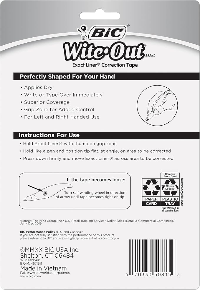 BIC Wite-Out Brand Exact Liner Correction Tape, 19.8 Feet, white Correction Tape, Fast, Clean and Easy to Use Tear-Resistant Tape Office or School Supplies (Pack of 18, 72 Count Total)