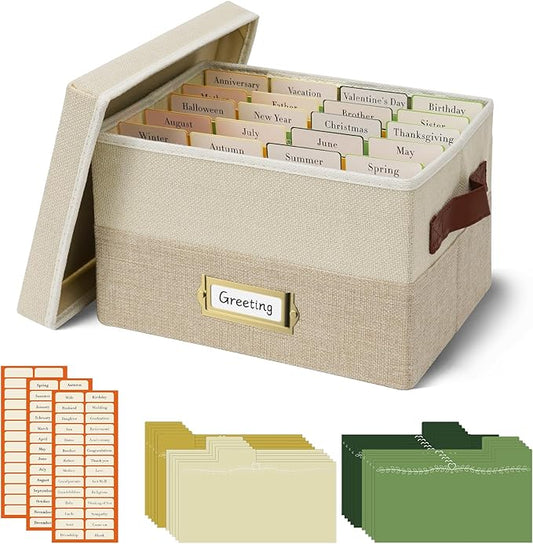Vienrose Greeting Card Organizer Box with 20 Removable Dividers, 84 Self-Adhesive Labels, Foldable Storage Box Great for Greeting Cards, Photos, Envelopes, Stickers, Postcards Beige&Khaki