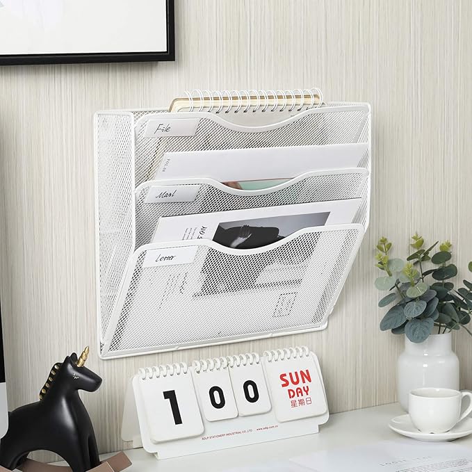 EasyPAG 3 Pocket Mesh Wall File Organizer, Hanging Paper Folder Holder with Classify Label, Vertical Wall Mount Mail Organizer for Office Home Classroom, White