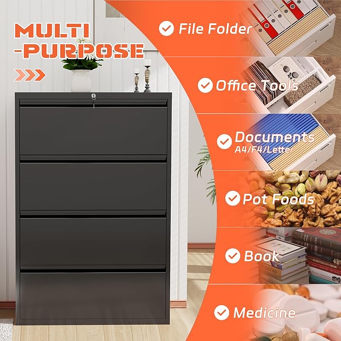 INTERGREAT 4 Drawer File Cabinet, Lateral File Cabinet with Lock, Metal Office Filing Cabinet with Adjustable Frame for Legal, Letter, A4 Files, Fast Assembeld, Black