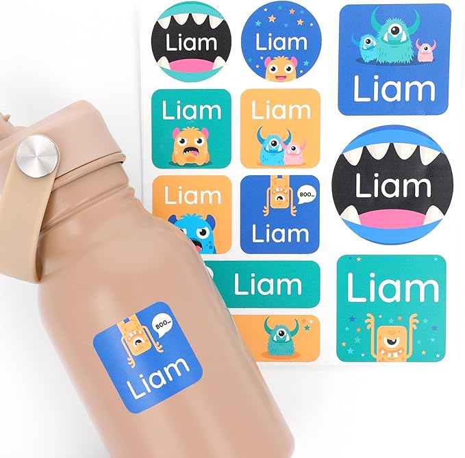Large Name Labels for Kids (33) - Custom Stickers for Daycare and School Supplies - Durable, Waterproof Stickers for Water Bottles, Lunch Boxes, and More with Unique Designs - Monster