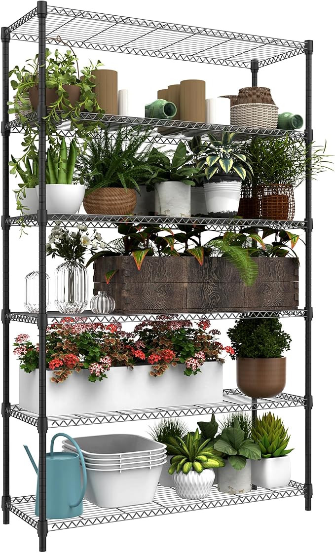 M MZG 6 Tiers Storage Shelves Load 2100LBS, Metal Shelving Wire Metal Shelving Unit Shelves for Storage Adjustable Garage Shelving for Pantry Kitchen Garage Black 17.7" D x 47.3" W x 82.4" H