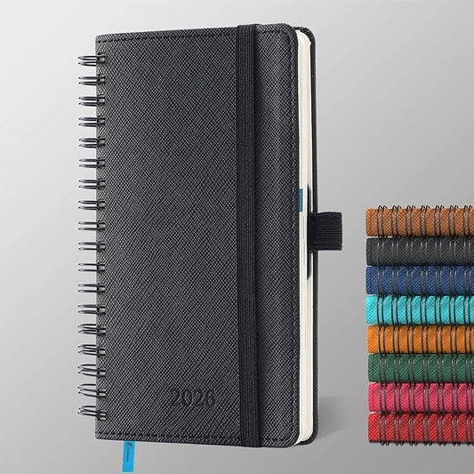 IN-LUXPRO Planner 2026 Daily Weekly and Monthly,6.5"x3.75",12 Months Spiral Bound Calendar Agenda with Self-adhesive Pen Holder,2026 Appointment Book with Vegan Leather Soft Cover,Black