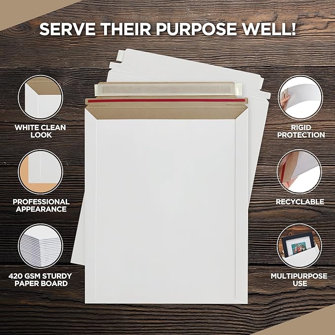 Rigid Mailers 9.25 x 11.75 Inch – 50 Pack White Self Seal Stay Flat Cardboard Envelopes – No Bend Mailing Envelopes for Photos, Documents, Certificates, Books, Magazines & Art Prints