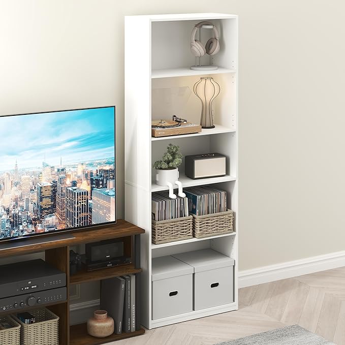 Furinno GEHRY DVD Shelf, 5-Tier CD Rack, Media Shelf with Adjustable Shelves, DVD Storage Cabinets for CD Blueray Game Disc, Easy Assembly, for Living Room, Home Office, White
