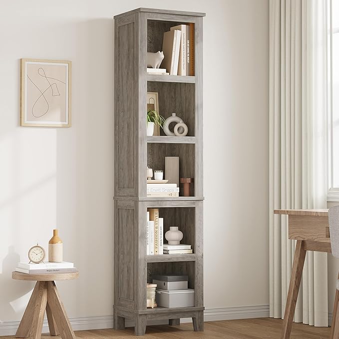 IDEALHOUSE 71" Farmhouse Bookshelf w/Adjustable Shelves & 31.5 in Whidth, 5 Tier Tall Bookshelf with Wooden Legs, Vintage Wooedn Book Shelf for Living Room Office (Gray, 71.3" H x 15.7" W x 11.8" D)