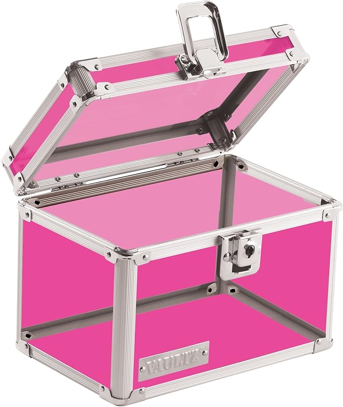 Vaultz Lockable Index Card Holder - Flash Card Organizer for Recipes, Passwords or Studying Holds 450 4x6 Notecards - Index Card Box Study Accessories, Pink Acrylic