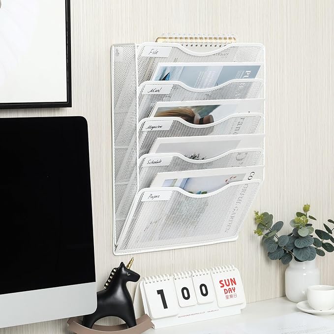 EasyPAG 5 Pocket Mesh Wall File Organizer, Hanging Paper Folder Holder with Classify Label, Vertical Wall Mount Mail Organizer for Office Home Classroom, White