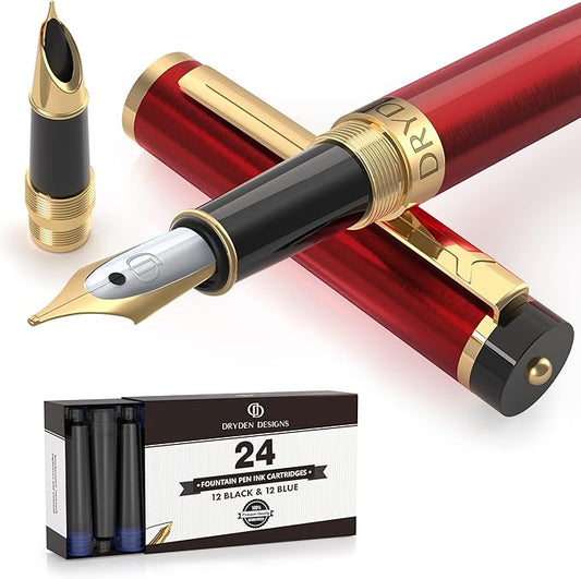 Dryden Designs Fountain Pen - Medium and Fine Nibs | Includes 24 Ink Cartridges and Ink Refill Converter | Calligraphy Pen, Consistent Writing, Smooth Look - Royal Red
