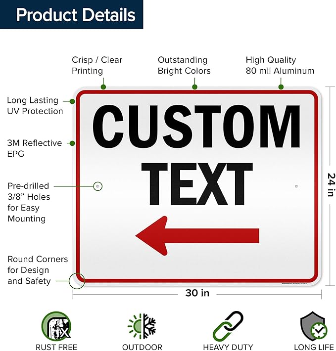 Custom Arrow Directional Sign, Left Arrow, 24x30 Inches, 3M EGP Reflective, Rust Free .080 Aluminum, Fade Resistant, Made in USA by My Sign Center