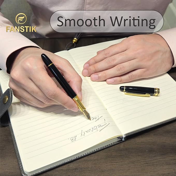 FANSTIK, Customized Fountain pen with name (MADE IN USA), stainless steel, black and gold, luxury engraved pen personalized for men and for women. (Fountain Black-Gold)