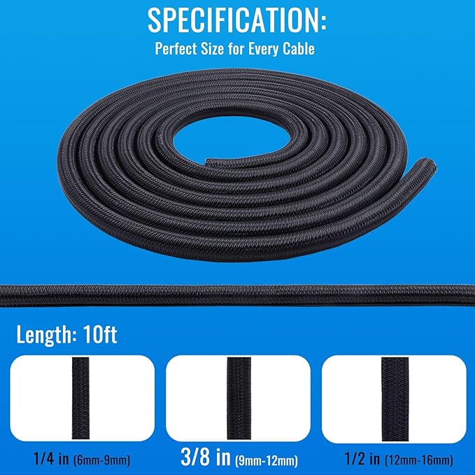 Flauzmann 3/8" Braided Cable Sleeve - 10Ft Cat Cord Protector Split Wire Loom Tubing Flexible Self Wrapping for USB, Audio, Automotive Cord, Dog Chew Proof Cable Protector - Black