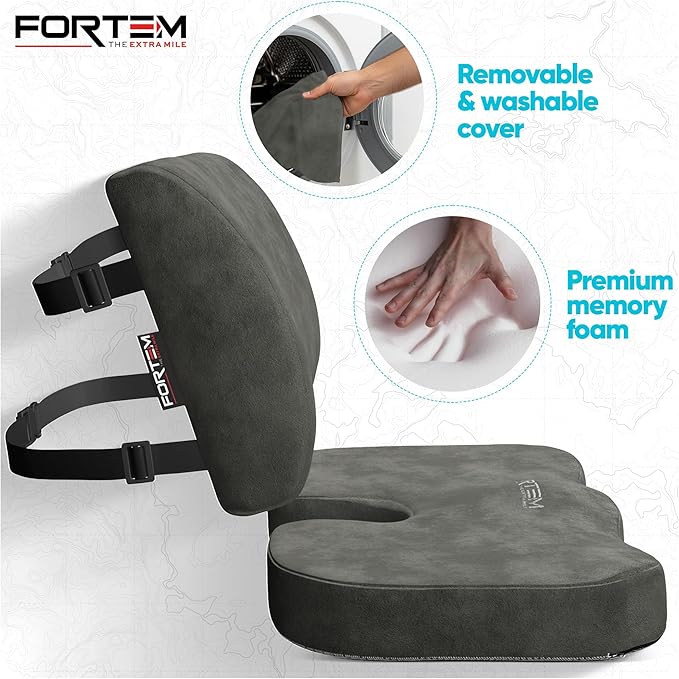 FORTEM Seat Cushion, Office Chair Cushion, Lumbar Support Pillow for Office Chair, Memory Foam Sciatica Coccyx Tailbone Pressure Pain Relief, Car Sitting Pad, Washable Non Slip, XL