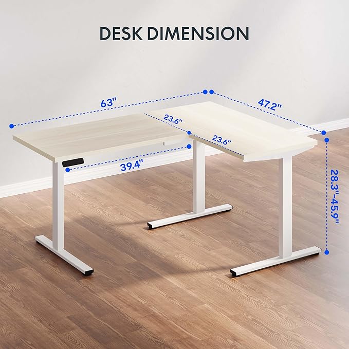 FLEXISPOT L Shaped Standing Desk, 63 x 47 Inch Electric Height Adjustable Corner Desk, Sit Stand Computer Workstation, Preset Controller, Home Office, White Frame with Maple Top, White Drawer