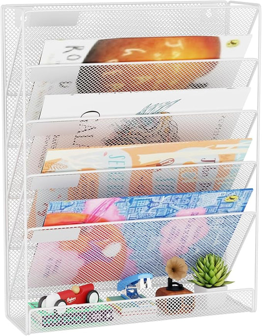 GDINDINFAN Wall File Organizer Holder Mesh Hanging Paper Document Holder,Vertical 6 Pocket Tier for Office Home, White