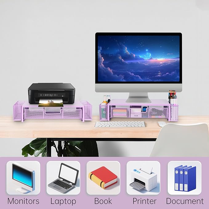 Qupui Computer Monitor Stand Riser with Drawer and Pen Holders, Desk Organizer Shelf and Accessories, Office Desk Accessories, Office Organization, Purple