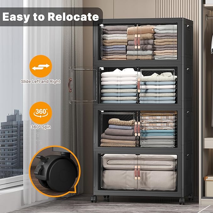 UAMFURI Extra Large Stackable Storage Bins with Lids & Wheels & Door, 448QT-112QT/28GAL*4Pack Foldable Collapsible Closet Organizers, Plastic containers drawers for bedroom Dorm