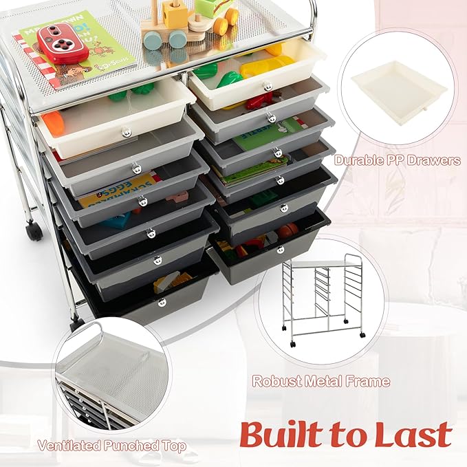 LDAILY 12 Drawer Rolling Storage Cart, Craft Cart Organizer on Wheels w/Metal Frame, Large Capacity & Smooth Drawer, Rolling Cart w/Drawers for Classroom, Office