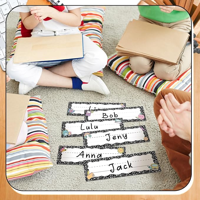 AmazingSpark 72 Pcs Composition Notebook School Name Tags for Classroom Desks in 6 Styles Composition Classroom Decor 9 x 3 Inches Desk Nameplates for Student Name Tag Labels Kindergarten Preschool
