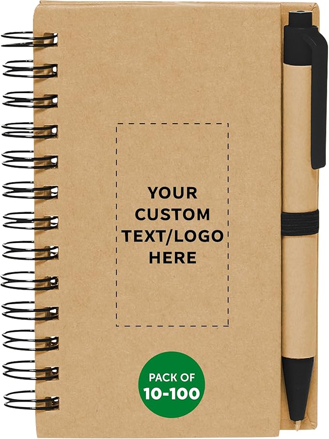 Custom Mini Spiral Notebooks with Black Ink Pens Set of 10/50/100, Personalized Bulk Pack - Perfect for School, Office, Business, Home - Black
