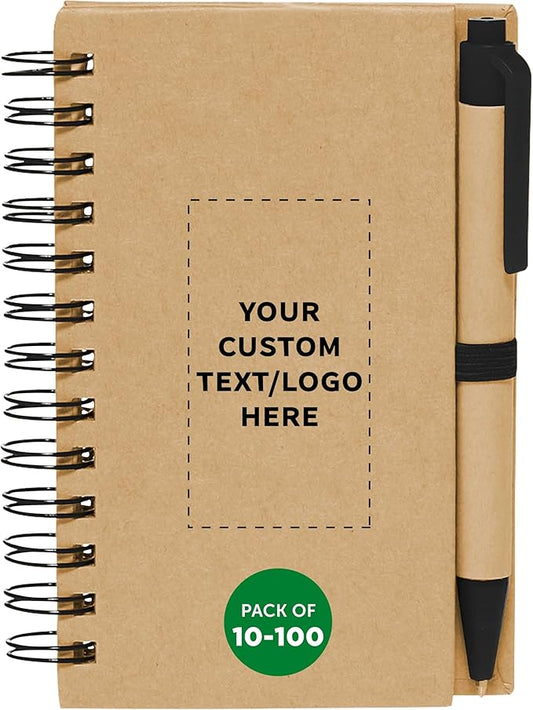 Custom Mini Spiral Notebooks with Black Ink Pens Set of 10/50/100, Personalized Bulk Pack - Perfect for School, Office, Business, Home - Black