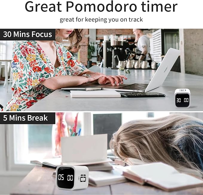 Productivity Timer Flip Gravity Sensor Cube Timer Countdown & Countup,Mute & Vibrate & Sound，5/10/30/60min & Custom Timing, Perfect for ADHD,Work,Learning,Kitchen Cooking (1White)
