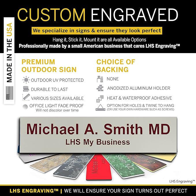 Personalized Name Plate with Choice of Mounting Holders for Walls, Doors, Cubicles, Hanging and More - Custom Light Gray Plastic Burgundy Letters - USA Made 2x12 - B21