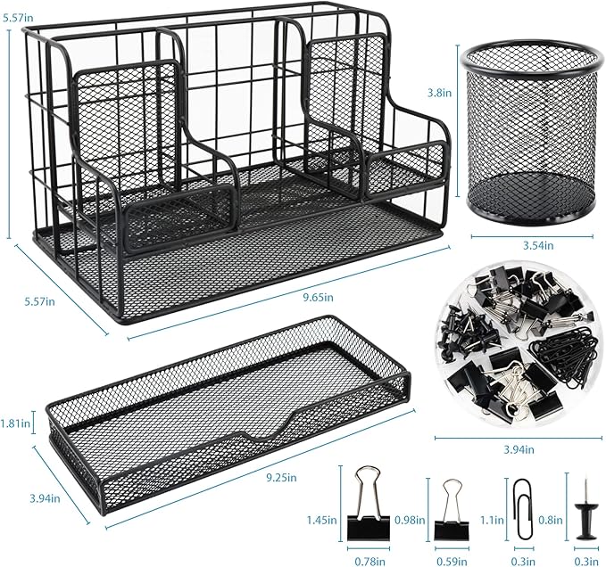 BCCICE Desk Organizers Caddy and Accessories with 7 Compartments + Pen Holder / 72 Clips Set, Drawer, Black Mesh Office Supplies Desktop Organizer for Home, Office Ect