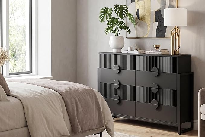 LGHM Fluted Dresser for Bedroom with 8 Drawers, Modern 8 Drawers Dressers with Semi-Cylindrical, Chest of Drawers Closet Organizers and Storage Clothes, 43" Tall Dresser with Bold Steel Frame, Black