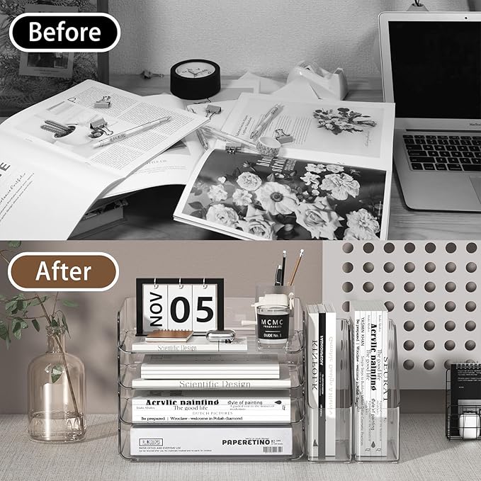 FANXIYQ 4-Tier Clear Acrylic Paper Tray Organizer for Desk with 2 Matching Bookends – Stackable Letter Tray Set, Stackable Paper Trays, Acrylic Desk Accessories/File Organizer, Office Organizer