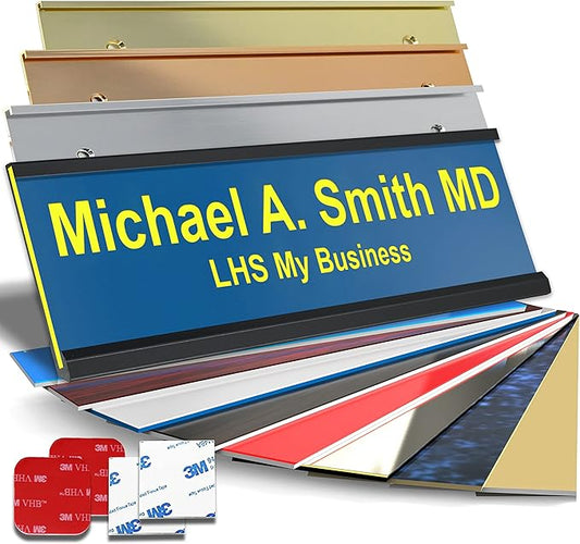 Custom Name Plate with Choice of Mounting for Walls, Doors, Cubicles, Hanging and More - Personalized Blue Plastic Yellow Letters - USA Made 2x10 - B20