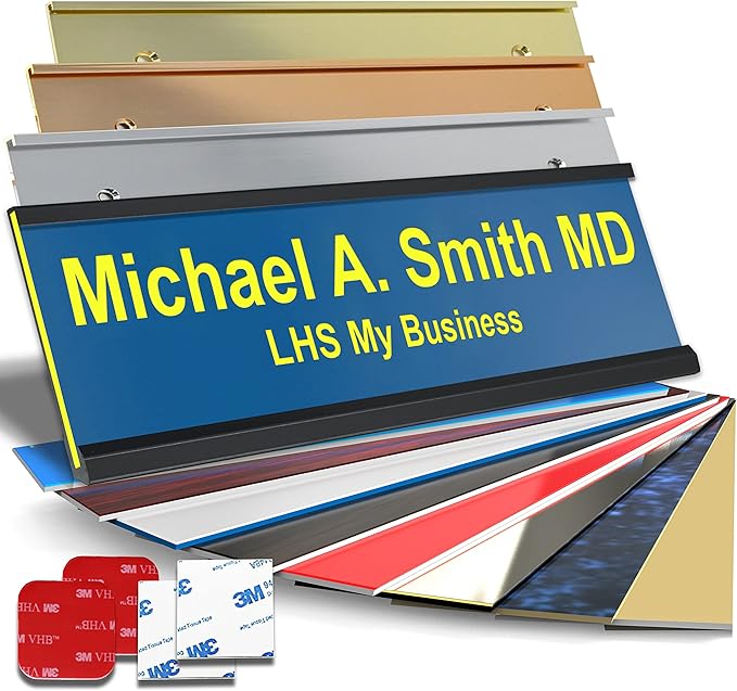 Custom Name Plate with Choice of Mounting for Walls, Doors, Desk Holders, Cubicles, Hanging and More - Personalized Blue Plastic Yellow Letters - USA Made 2x8 - B20