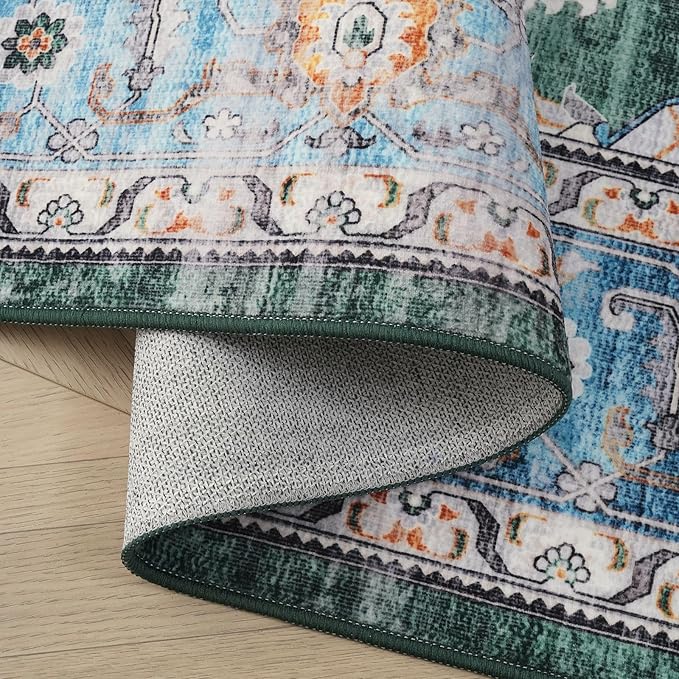Rugcomf Vintage Medallion Kitchen Rugs Non Slip Washable 2'7"x8' - Low Pile Runner Rug, Boho Carpet for Hallways, Laundry, Bedroom, Bathroom - Green